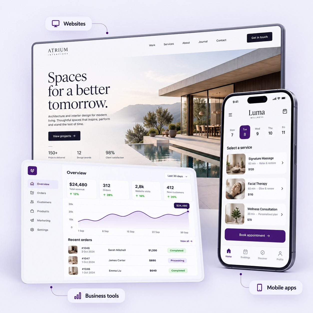 Illustrative website, mobile app and business tools in a lavender showcase